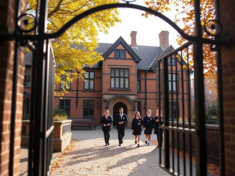 Aerial view of Thetford Grammar School's historic timber-framed building juxtaposed with modern glass extensions, students in