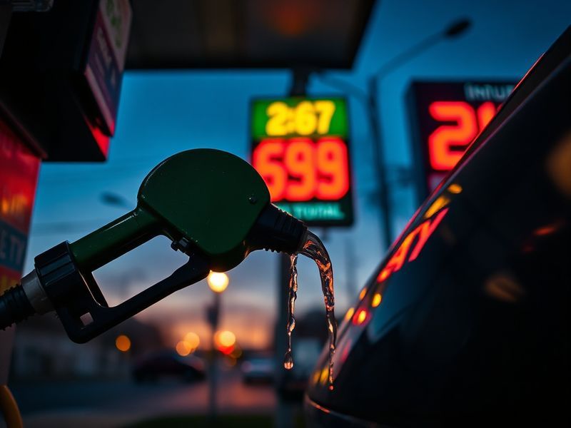 A close-up shot of a gas pump nozzle inserted into a car's fuel tank with price displays showing fluctuating numbers in the b