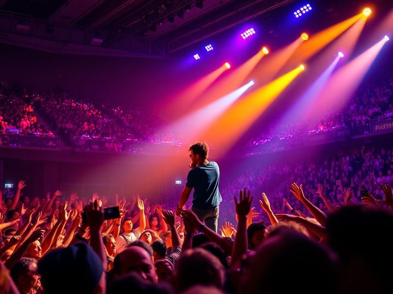 A vibrant concert photo of Bruno Mars and Anderson .Paak performing on stage at Spectrum Center in Charlotte, with retro neon