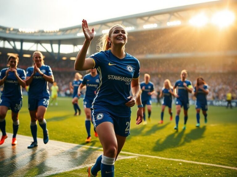 A dynamic action shot of Millie Bright in a Chelsea FC Women jersey, mid-defensive play with a focused expression, surrounded