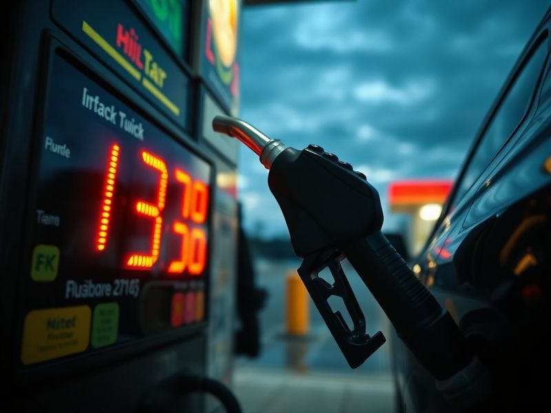 A gas station pump displaying varying fuel prices with a car refueling in the foreground, set against a backdrop of an oil re