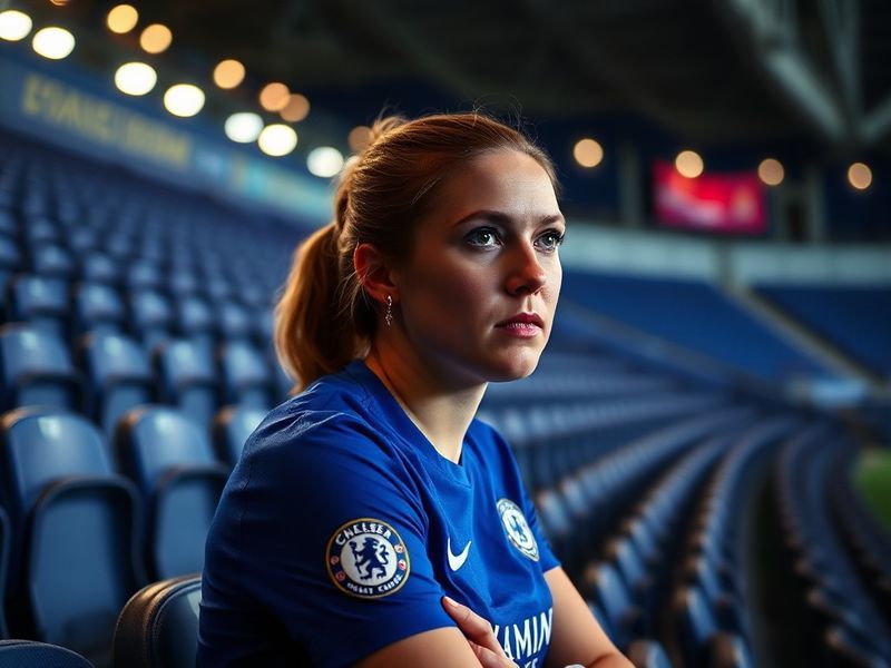 Millie Bright in her Chelsea kit, holding the Champions League trophy aloft at the 2021 final in Gothenburg. She stands on th