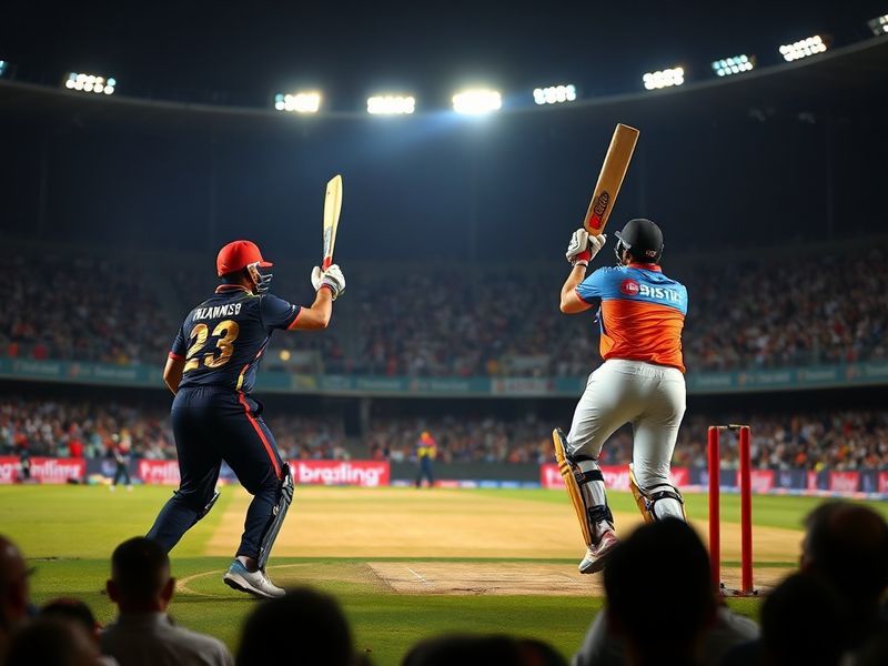 A vibrant cricket stadium filled with fans wearing blue and orange jerseys, representing Mumbai Indians and Sunrisers Hyderab