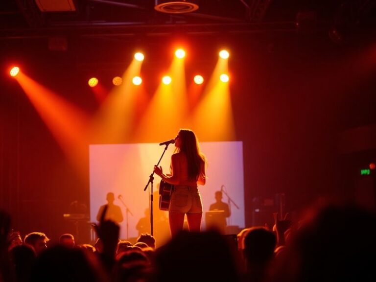 A vibrant concert scene featuring Kacey Musgraves on stage, bathed in warm lighting, with a backdrop of animated album art an
