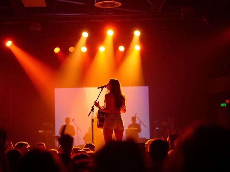 A vibrant concert scene featuring Kacey Musgraves on stage, bathed in warm lighting, with a backdrop of animated album art an