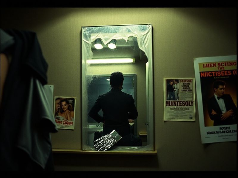 A cinematic still from the Michael documentary, featuring a close-up of Michael Jackson in a reflective pose, surrounded by s