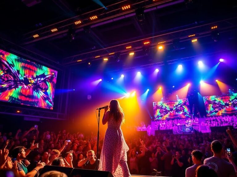 A vibrant concert photo of Kacey Musgraves on stage during the Deeper Well Tour, bathed in soft blue and gold lighting with c