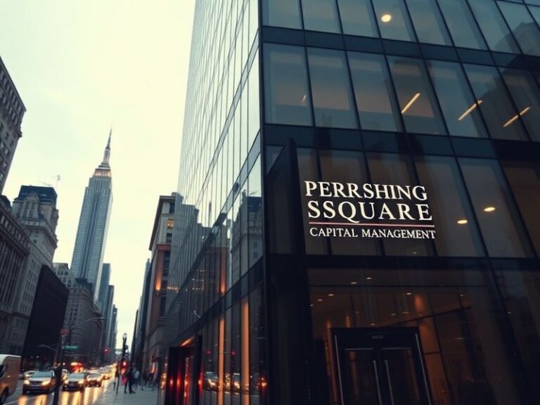 A split-image visual: on the left, a sleek modern office with a 'Pershing Square Capital Management' sign; on the right, a st