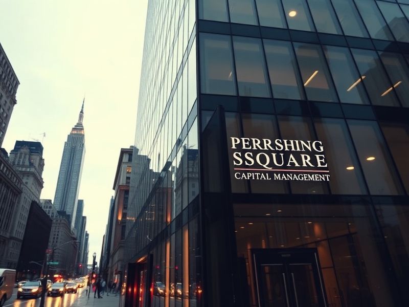 A split-image visual: on the left, a sleek modern office with a 'Pershing Square Capital Management' sign; on the right, a st