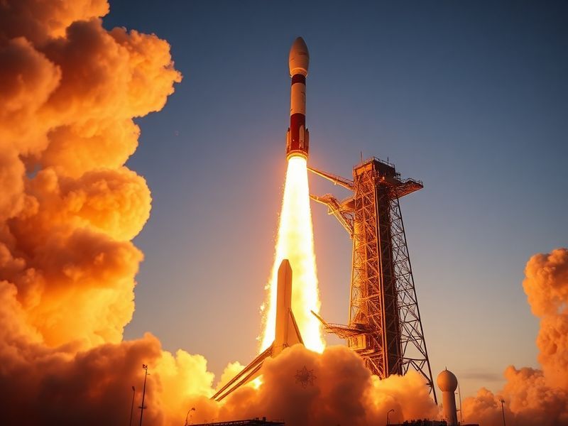 A dramatic photograph of the Falcon Heavy rocket lifting off from Kennedy Space Center, with bright orange flames from its 27