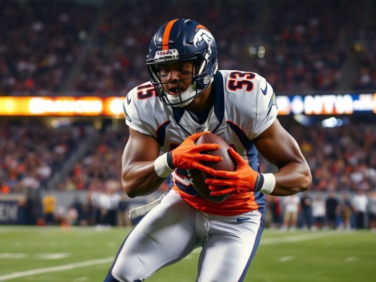 Justin Simmons in a Denver Broncos uniform, mid-play during a game, showcasing his athletic form and intense focus on the fie