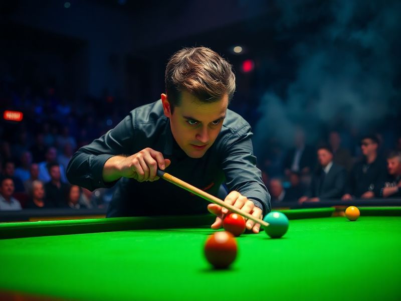 A dynamic photo of Shaun Murphy mid-shot at a snooker table, wearing a dark suit, intense focus on his face, with a crowd blu