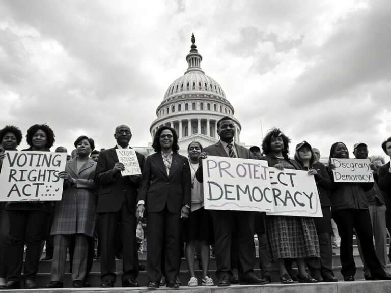 A historic black-and-white photo of President Lyndon B. Johnson signing the Voting Rights Act of 1965, surrounded by civil ri