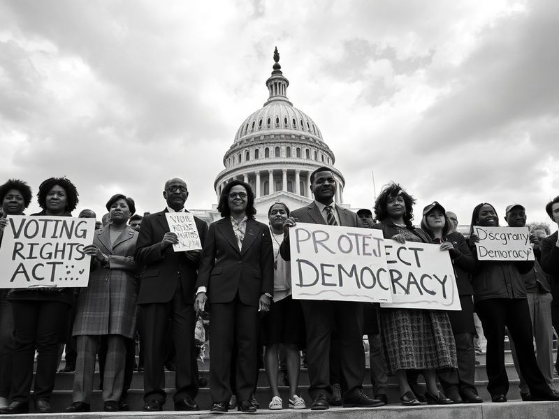A historic black-and-white photo of President Lyndon B. Johnson signing the Voting Rights Act of 1965, surrounded by civil ri