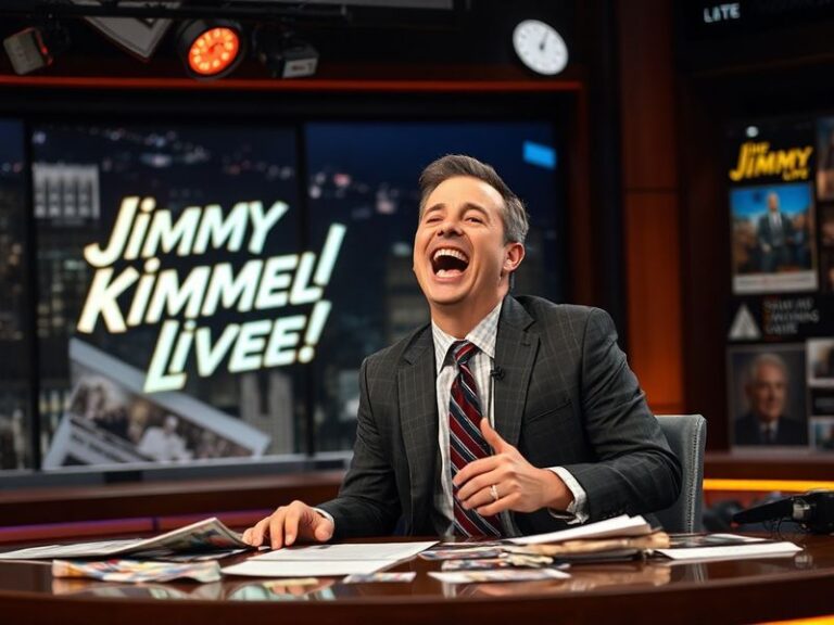 A split-screen image: on the left, Jimmy Kimmel in a suit hosting his show with a serious expression; on the right, a collage