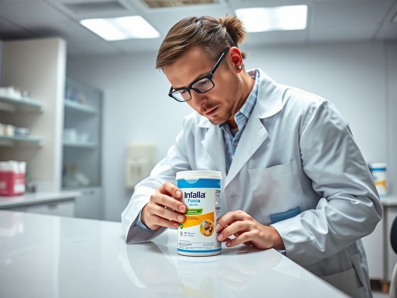 A professional medical setting with a healthcare worker holding a container of infant formula, a digital tablet displaying sa