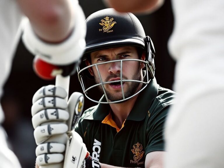 A focused action shot of Ryan Rickelton batting, wearing South Africa’s green jersey, mid-delivery with a determined expressi