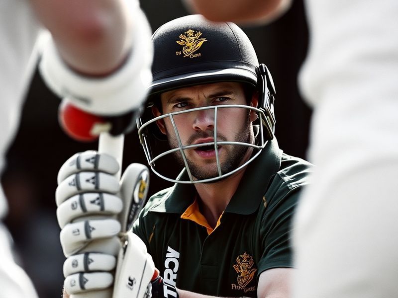A focused action shot of Ryan Rickelton batting, wearing South Africa’s green jersey, mid-delivery with a determined expressi