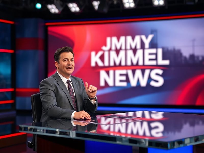 A vibrant late-night TV set with Jimmy Kimmel mid-monologue, surrounded by a live studio audience laughing. The background fe