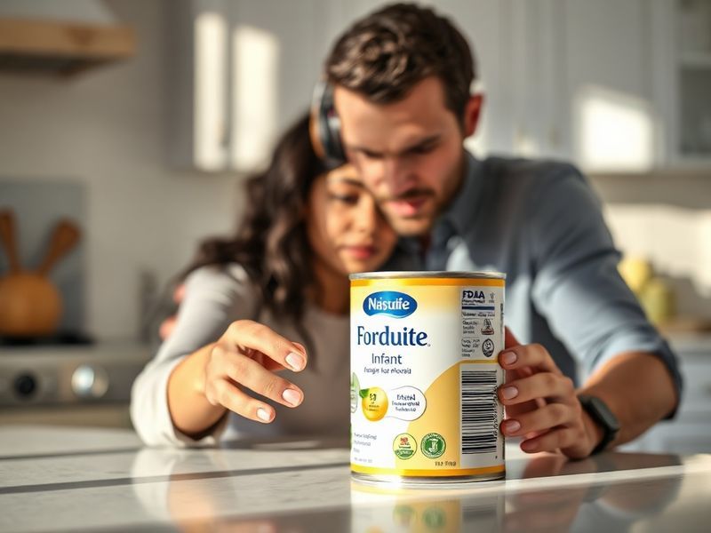 A concerned parent checking a formula label in a well-lit kitchen, with a pediatrician consulting on a tablet in the backgrou