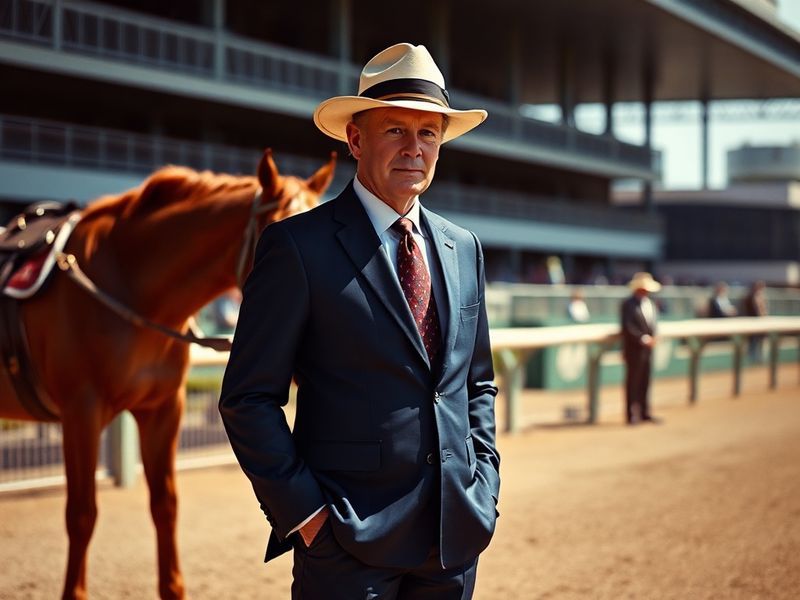A dynamic action shot of Todd Pletcher in the saddling area at a major racetrack, wearing his signature navy baseball cap and