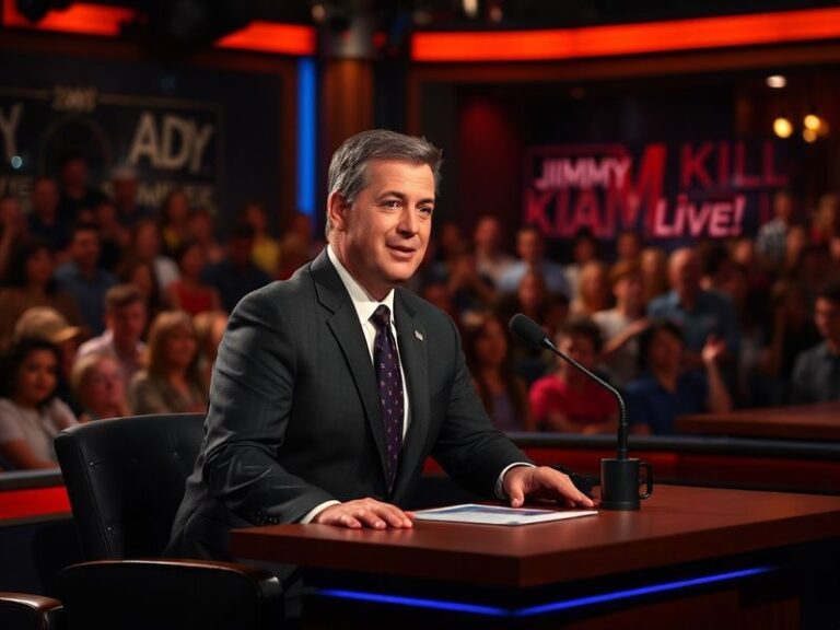 A split-screen image of Jimmy Kimmel on stage during a monologue, laughing with a studio audience, juxtaposed with a serious