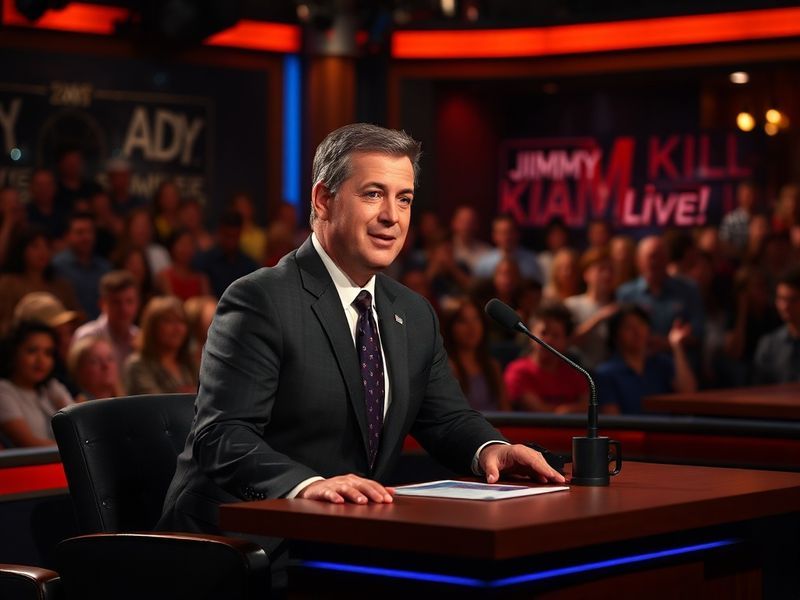 A split-screen image of Jimmy Kimmel on stage during a monologue, laughing with a studio audience, juxtaposed with a serious