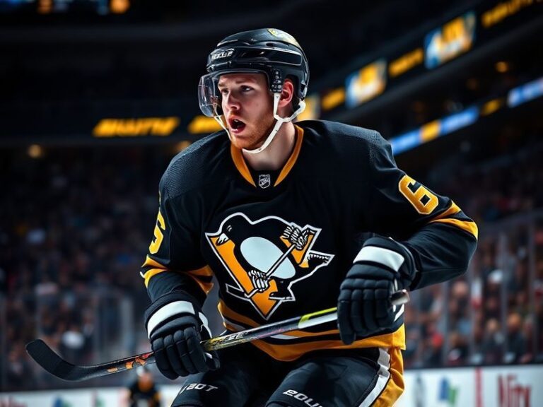 A dynamic action shot of Ian Cole in a hockey uniform, mid-play on the ice, showcasing his physicality and focus during a gam