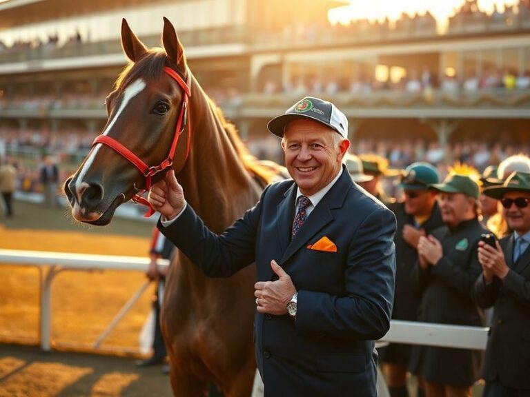 A dynamic action shot of Todd Pletcher in the winner’s circle at a major racetrack, with his silks-clad horse in the backgrou