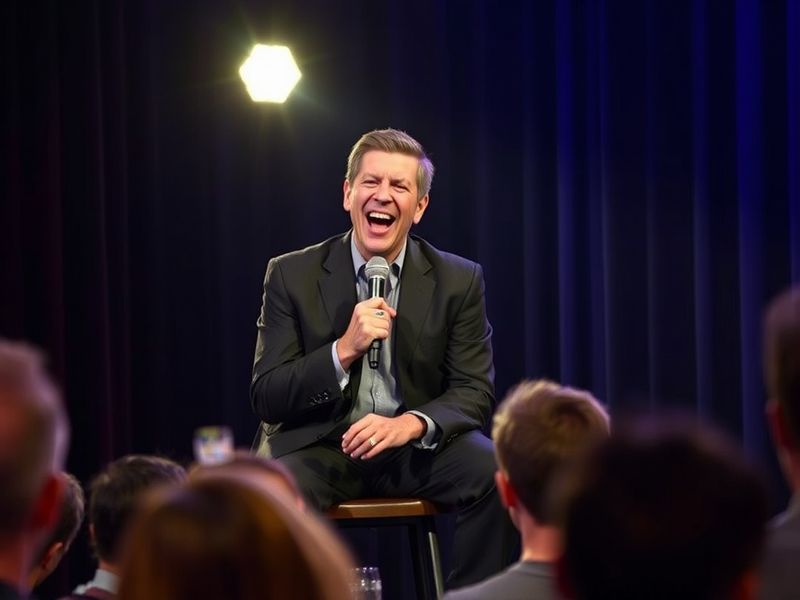 A split-image collage: on the left, a younger Craig Ferguson performing stand-up in a Glasgow pub, microphone in hand; on the