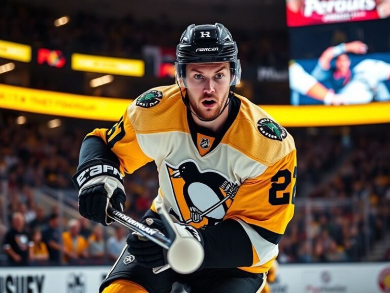 A dynamic action shot of Ian Cole in a hockey uniform, mid-game, focused and determined. The background shows a packed arena