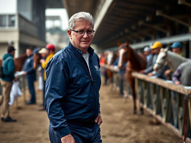 A dynamic action shot of Todd Pletcher standing in the saddling paddock at a major race, surrounded by top-tier racehorses an