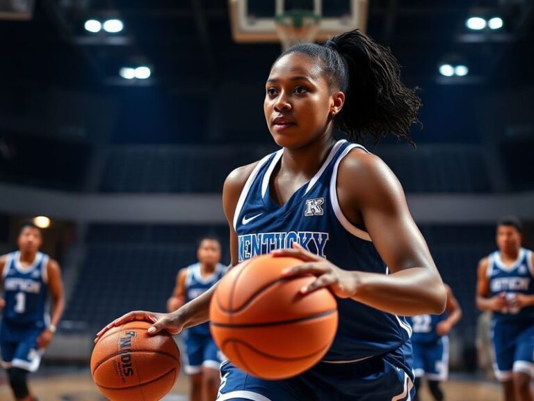 A dynamic action shot of Me’Arah O’Neal in a Kentucky Wildcats uniform, mid-game, with a focused expression and the Rupp Aren