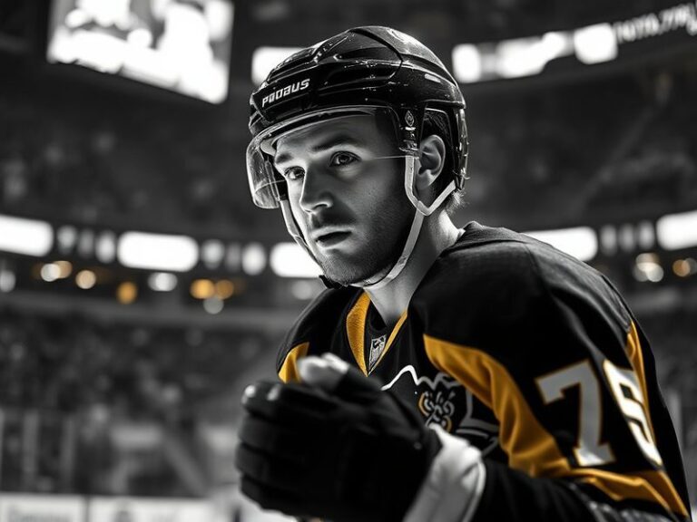 A focused action shot of Ian Cole in a Penguins jersey, mid-game with a determined expression, showcasing his defensive postu