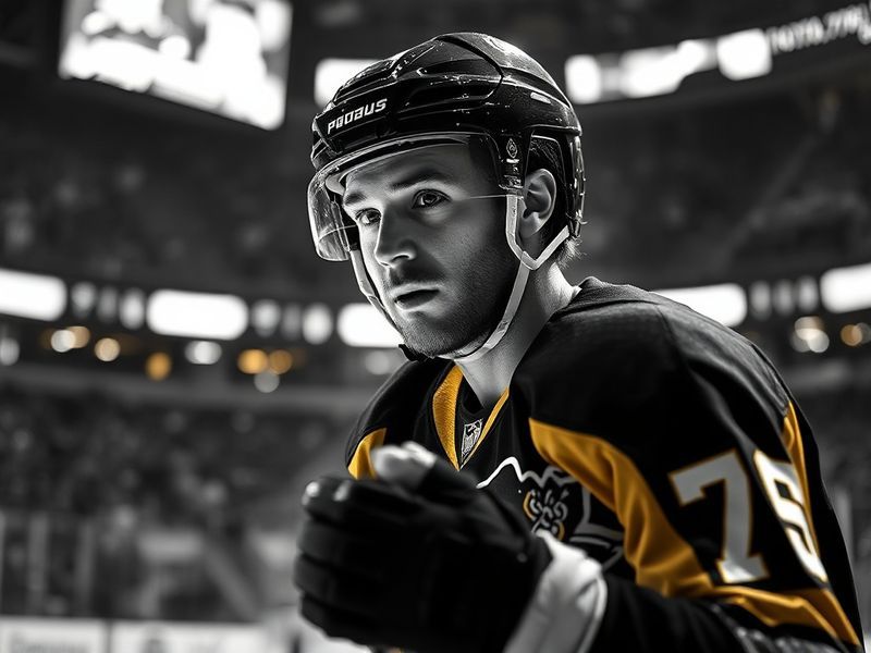 A focused action shot of Ian Cole in a Penguins jersey, mid-game with a determined expression, showcasing his defensive postu