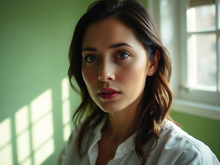 Janel Parrish in a casual, modern setting, wearing a neutral-toned outfit with soft lighting. She is holding a skincare produ