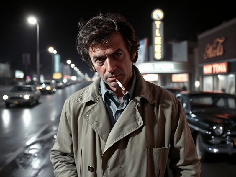 A portrait of Peter Falk as Columbo, mid-30s, in his signature rumpled raincoat and holding a cigar, set against a moody 1970