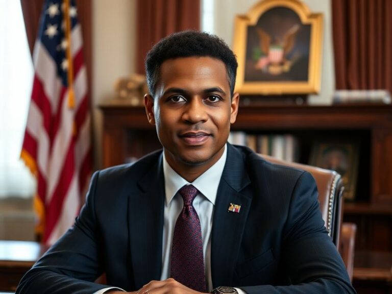 A professional portrait of Cory Mills in a suit, standing in front of an American flag with a Capitol building in soft focus