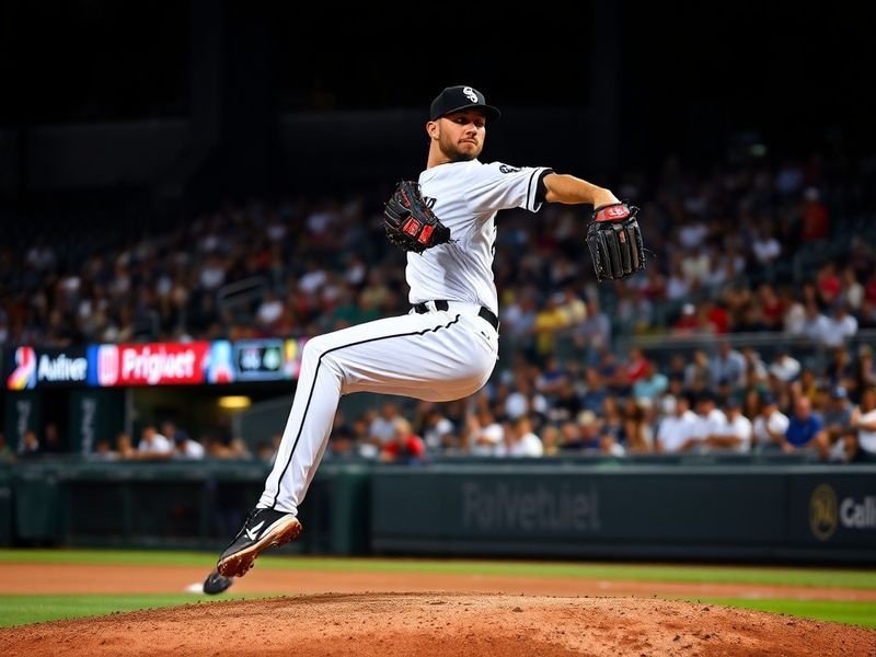 Garrett Crochet mid-pitch, wearing a White Sox uniform, with a blurred background of Guaranteed Rate Field. The focus is on h