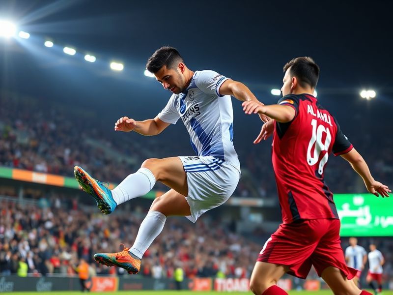 A vibrant stadium shot during an Al-Nassr vs Al-Ahli match, featuring Ronaldo in action, Al-Ahli’s counterattacking players,