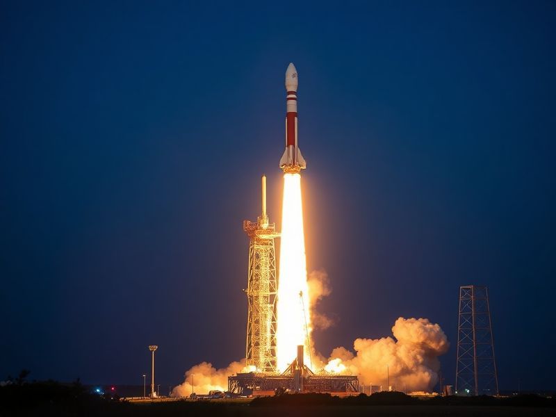A Falcon Heavy rocket lifting off from Kennedy Space Center at dusk, with side boosters separating and returning to landing z