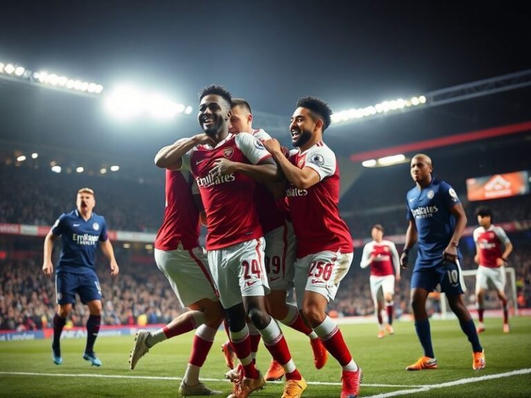 A dynamic shot of Arsenal players celebrating a goal against Leicester City at King Power Stadium. The image captures the int