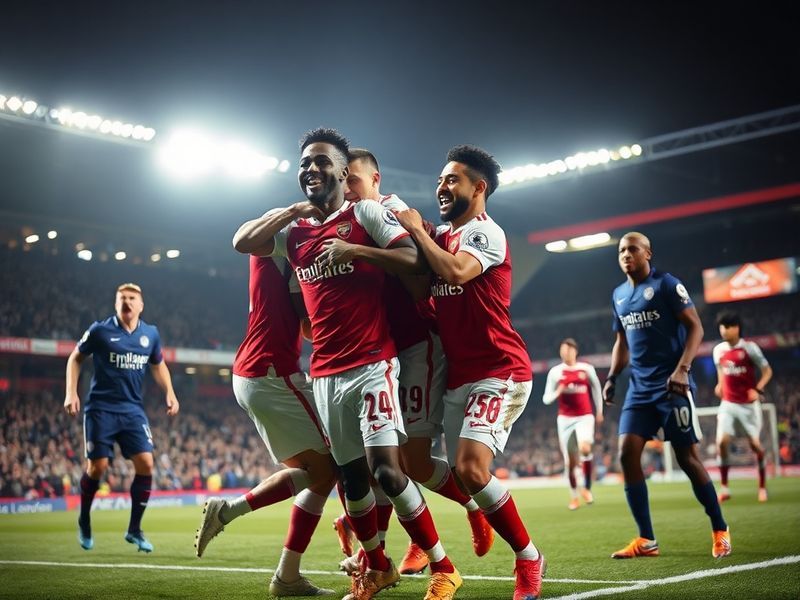 A dynamic shot of Arsenal players celebrating a goal against Leicester City at King Power Stadium. The image captures the int