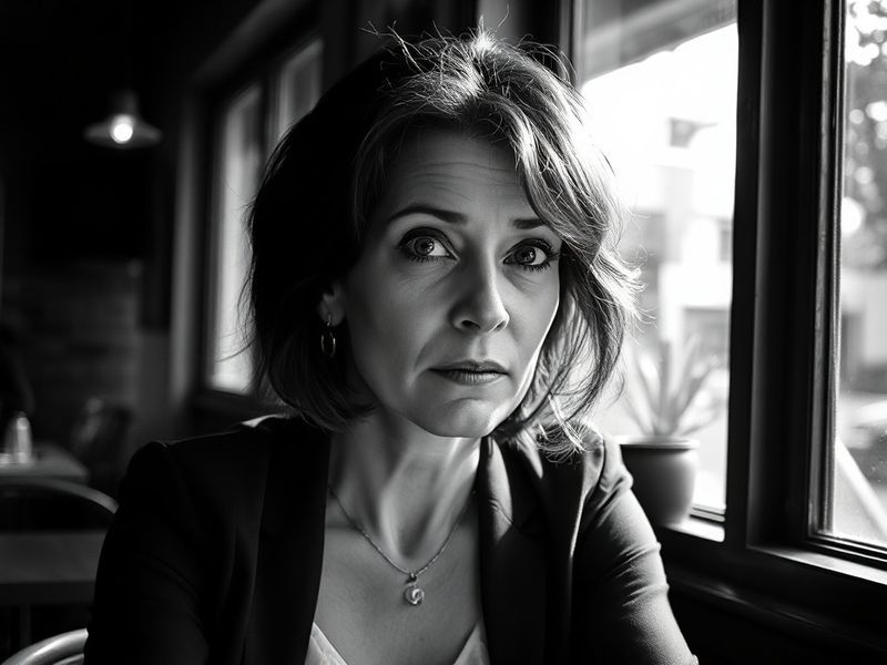 A candid portrait of Annabel Gurwitch speaking at a public event, microphone in hand, with an engaged audience in the backgro