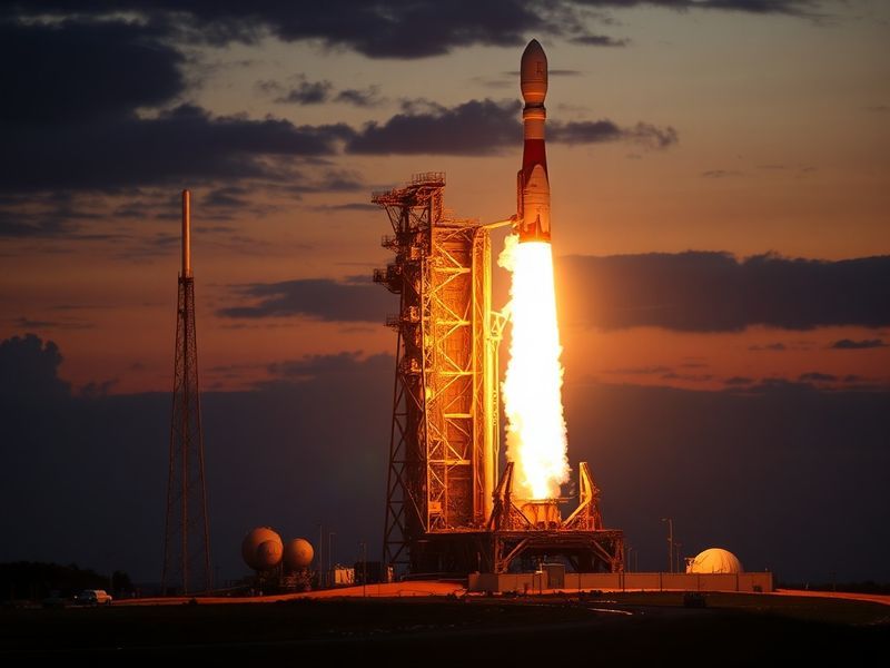 A high-angle shot of the SpaceX Falcon Heavy rocket lifting off from Cape Canaveral, with three booster cores visible, exhaus