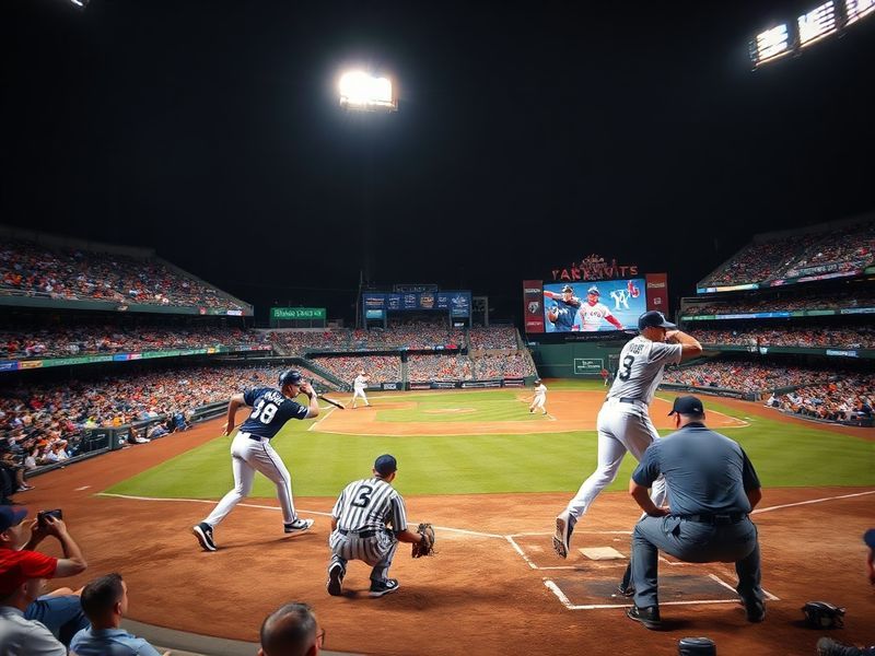A split-screen image showing a Yankees batter at bat on one side and a Rangers pitcher winding up on the other, with a modern