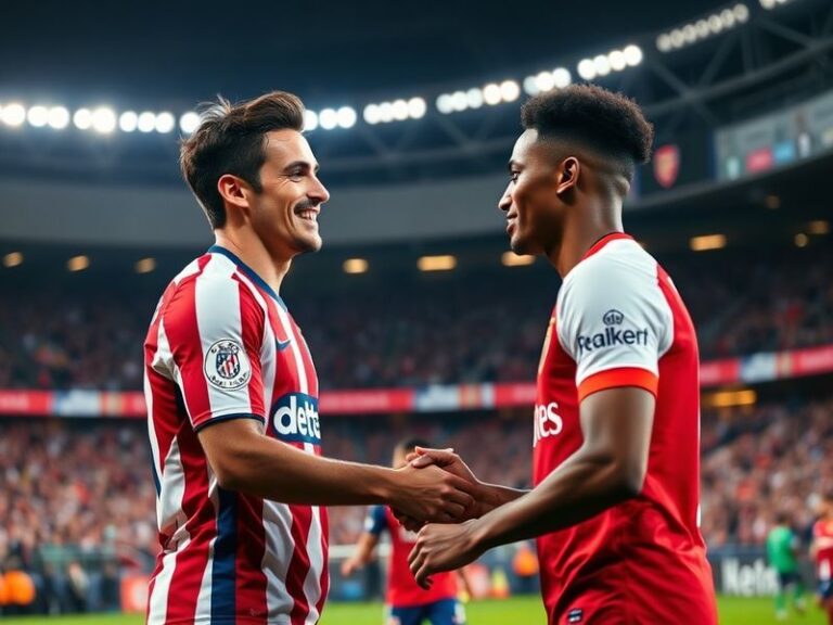 A dynamic shot of Atlético Madrid players celebrating a goal against Arsenal in a packed stadium, capturing the intensity and