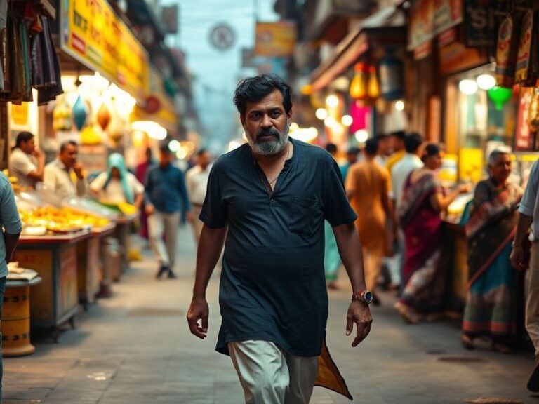 A cinematic shot of Salil Arora in a creative workspace, surrounded by multiple screens displaying his documentaries and inte