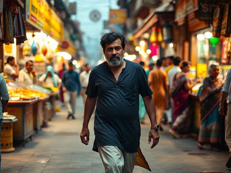 A cinematic shot of Salil Arora in a creative workspace, surrounded by multiple screens displaying his documentaries and inte