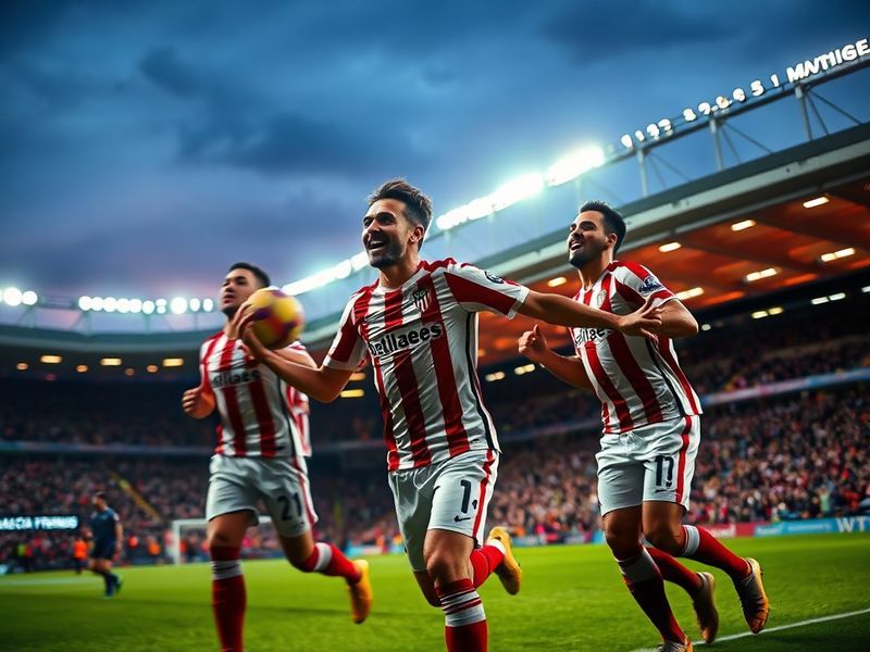 Imagen de un estadio de fútbol lleno con pantallas gigantes mostrando el partido Atlético de Madrid vs Arsenal, con aficionad